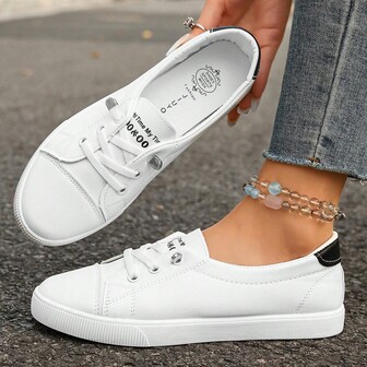 2025 Women Casual Elastic Slip-On Solid Color Casual PU Leather Metal Eyelet Lace-Up Sneakers, Suitable For Outdoor Wear In Spring And Autumn