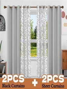 4-Piece Mix And Match Curtain Set - 2 Leaf Print Sheer Curtains + 2 Blackout Curtains (Grommet Window Drapes For Bedroom & Living Room) - Silver - View 15