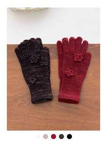 Rose-Embellished Knit Gloves (Hand Detailed), Soft Rabbit Fur Gloves, Warm And Versatile For Autumn/Winter, Knitted Touchscreen Floral Long Gloves For Women, Windproof And Warm Fingerless Gloves