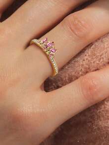 1 Pc Gold Ring Jewelry, Pink Gemstone Crown Design Style, Luxurious And Generous Ring, Suitable For Ladies' Weddings, Banquets, And Girls' Daily Life Decoration Gifts - 金黃色 - 查看 9