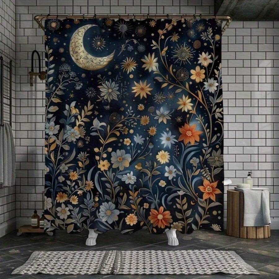 1Pc Blue Moon Print Shower Curtain, With 12 C-Shaped Curtain Hooks, Fabric Thick, Waterproof, Non-Transparent, And Provides Privacy, Very Suitable For Room Partition Curtains, Bathroom Dry And Wet Separation Curtains, Home Decor And Accessories - màu1 - Xem 1