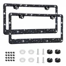 [Free Shipping]Bling License Plate Frame For Women, 2Pack Rhinestone Handcrafted Crystal Premium Stainless Steel, Stainless Steel Car Accessories With Diamond Sparkle Glitter Caps (Black),2pc,Black - Black - 查看 1