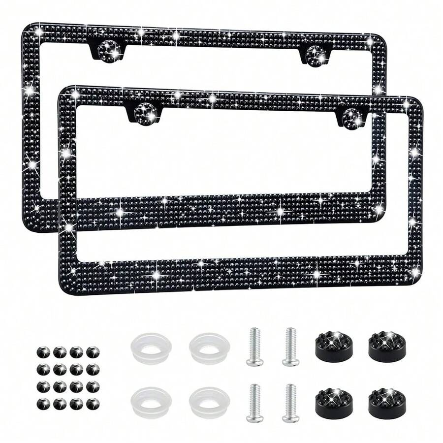 [Free Shipping]Bling License Plate Frame For Women, 2Pack Rhinestone Handcrafted Crystal Premium Stainless Steel, Stainless Steel Car Accessories With Diamond Sparkle Glitter Caps (Black),2pc,Black - Black - 查看 1