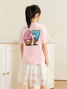 Tween Girls' Casual Pink Graphic Print Crew Neck Short Sleeve T-Shirt, Summer Top - Pink - View 2