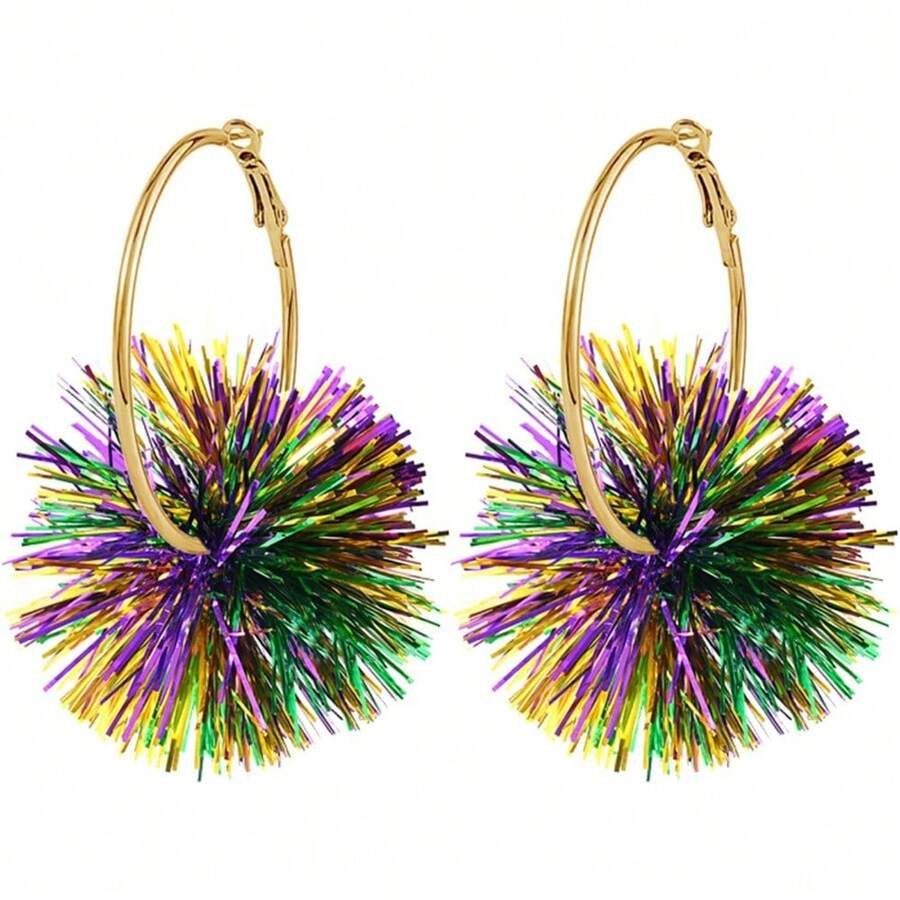 Colorful Mardi Gras Earrings For Women Glitter Carnival Theme Mask Feather Earrings Shiny Big Ball Fireworks Hoop Earrings Charm Fleur De Lis Dangle Earrings Gifts - 球狀薄 - 查看 1