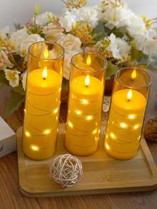 5pcs Set Of Flickering Flameless Candles With Star String Lights, Battery Operated Candles, Embedded LED Fairy Lights, Unbreakable Acrylic Candles With Remote Control, Suitable For Tabletop Centerpiece Decor For Christmas, Halloween, Wedding, Party, Holiday Atmosphere Lighting - Gold - View 7