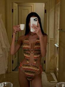 女士菱形格纹条纹镂空圆圈休闲优雅露背系带连衣裙，适合音乐会和海滩度假等场合。 - 彩色 - 查看 1