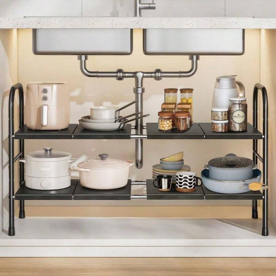 Hisemy Organizador Fregadero DebajoOrganizador de Fregadero 2 Niveles Estante de Almacenamiento Ajustable con 10 Paneles Extraibles para Cocina Baño Alacena Negro-10 Paneles - Negro+8 Paneles - Ver 1