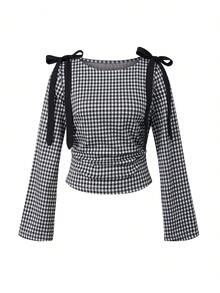 Women Fall Spring New Bow Plaid T-Shirt Long Sleeve Crew Neck Tie-Up Slim Fit Ladies Plaid Tops Streetwear Christmas Top - 黑色 - 查看 2