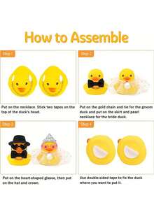 两件套优雅婚礼鸭情侣套装 - 新郎新娘戴着头纱，佩戴心形眼镜，配有表情生动、会发出吱吱声的橡胶鸭 - 适用于婚礼装饰、周年纪念、情人节、新娘送礼会 - 趣味婚礼回礼、婚礼派对装饰 - 耐用PVC材质 - 完美的结婚礼物 - 可用于婚礼拱门、餐桌中心装饰或纪念品展示 - 可爱的婚礼鸭套装 - 彩色 - 查看 8