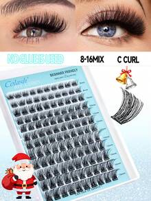 Pestañas postizas con segmentos autoadhesivos sin pegamento, estilo racimo, rizo C, extensión de pestañas sin pegamento, amigable para principiantes, 8/10/12/14/16mm 0.07C/D Rizo, adecuado para viajes, uso diario, bodas, citas, fiestas, festivales, muy adecuado para Navidad/Halloween/regalos de paquetes de pestañas - Negro - Ver 9