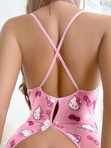 Sanrio 印花蝴蝶结V领透视蝴蝶结泰迪连体衣，性感女士内衣连体衣 - 淺粉色 - 查看 4