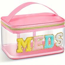 1pc Girls Letter Clear Makeup Bags, Preppy Pink Hair Bag Chenille Patch Makeup Bag Travel Cosmetic Bag With Handle Zipper Waterproof TPU Hair Accessories Organizer Pouch For Girls - Transparent - View 16