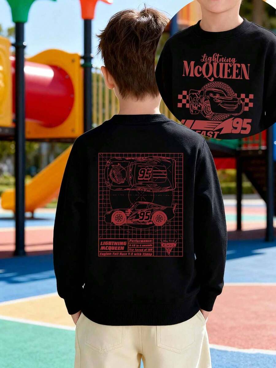 Disney Cars Lightning McQueen Print Fall/Winter Kids' Crewneck Sweatshirt Perfect For Boys' Everyday Play Long-Sleeve Top Ideal As A Christmas Gift - Black - View 1