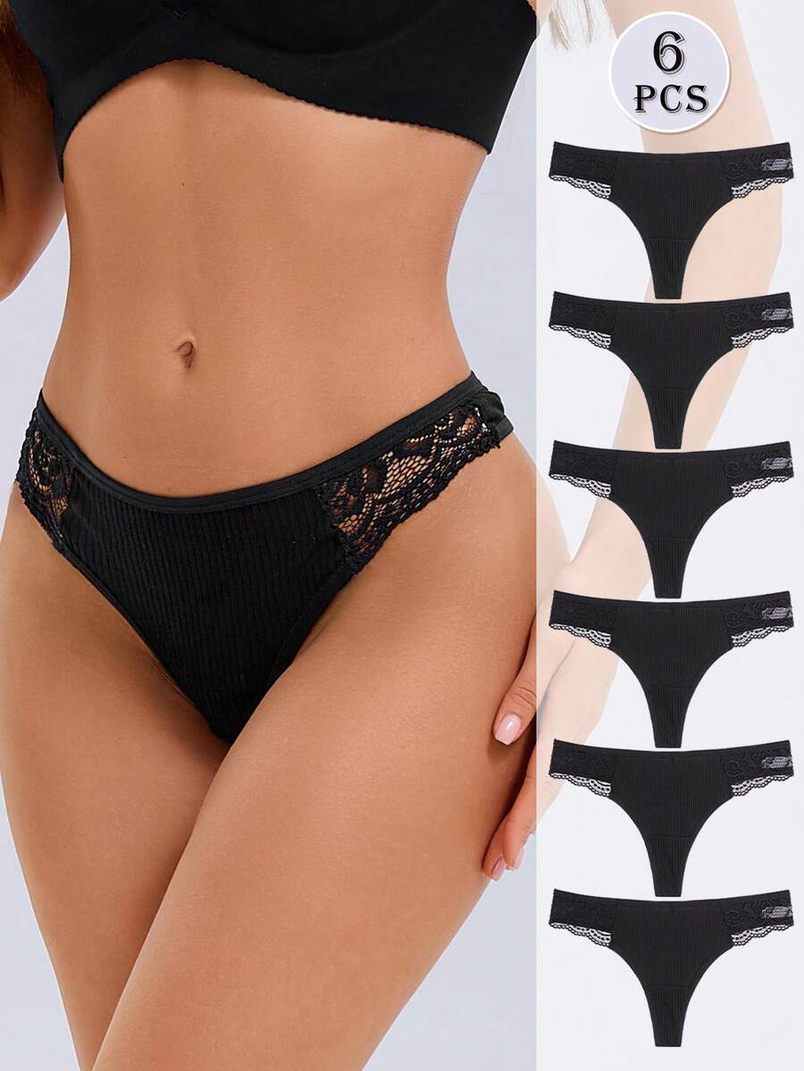 6pcs/Set Women's Solid Color Contrast Lace Sexy Thongs, Black - Black - View 1