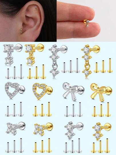4Pcs/Set Elegant Dangle Threadless Push Pin Flat Back Stud Earring, Tiny Cubic Zirconia Helix Cartilage Tragus Flat Back Stud Earring, Cartilage Earring Nose Ring And Labret Lip Rings For Women Body Piercing Jewelry Valentine's Day Gift