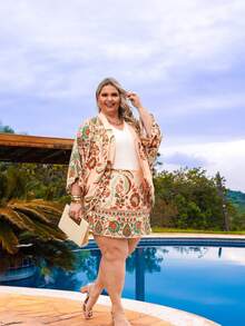 Elegant Women's Kimono Set, 3 Pieces, Shorts And Skirt - 100% Viscose - Christmas Colors - 熱帶赤陶 - 查看 7