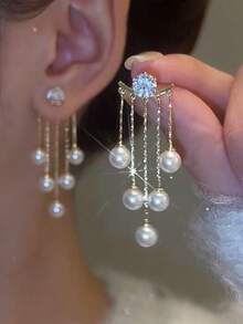 1 Pair Faux Pearl Tassel Earrings, Unique Design For Women, Can Be Worn As Stud Earrings Or Long Earrings, Elegant And Luxurious Daily Accessory - Gold - View 2