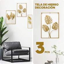 MOGONE Juego de 3 esculturas de pared de hierro rectangular,escultura artística colgante para sala de estar, recámara, baño, decoración interior y exterior (Hojas verdes doradas) - Hojas verdes doradas - Ver 3