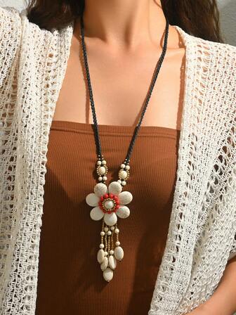 1pc Elegant Sexy Bohemian Bell, Stone, Teardrop Bead, Turquoise Bead, Gold Seed Bead DIY Handmade Flower Tassel Pendant, Asymmetric Geometric Wave Circle Pendant With Colorful Acrylic Plate, Gold Chain Tassel Pendant Long Necklace, New Ruby Pendant Long Necklace, Women Autumn/Winter Sweater Necklace, Suitable For Daily, Party, Vacation Wear