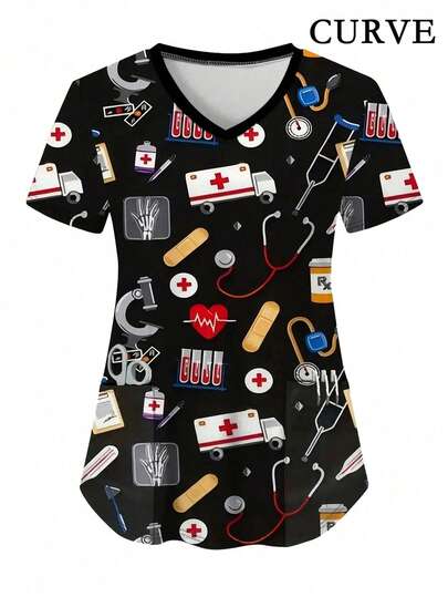 Plusstorlek dam-T-shirt med V-ringning, kortärmad, tryckt uniform, scrub-topp med ficka