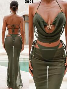 3pcs/Set Women's Sexy Bikini Swimsuit, High Neck Crop Top, Starfish Pattern Metal Strap Top, Elegant Party, Graduation, Ball, Luxury Dinner Outfit, Autumn/Winter, Christmas, National Day, New Year, Cover-Up - Army Green - View 2