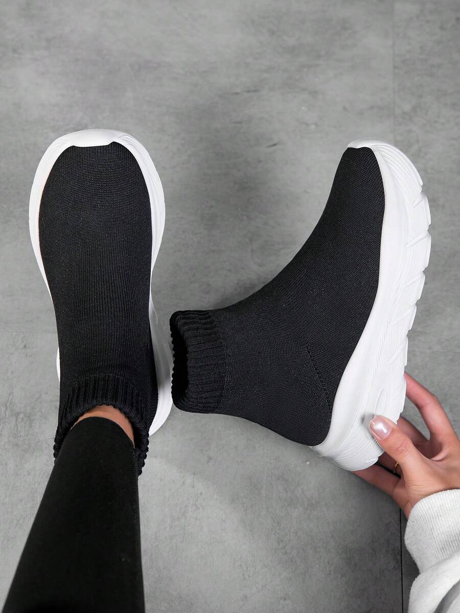 Zapatillas casuales de mujer, zapatos tipo calcetín con plataforma - Blanco y Negro - Ver 1