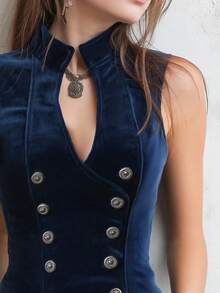 Áo vest không tay cổ vintage dành cho nữ, có cúc trang trí, màu trơn, kiểu dáng thường ngày. - Màu xanh hải quân - Xem 4