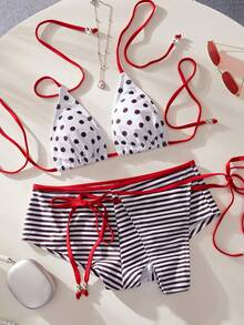 3pcs Women Swimsuit Bikini Set, Retro Brown Polka Dot Striped Beach Outfit, Swim Shorts/Cover Up/Birthday Outfit/Casual/Y2K/2000s/Y2K Style/Elegant/Old Money/Streetwear/Holiday - Multicolor - View 6