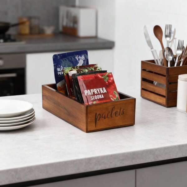 1 pieza Organizador de paquetes de condimentos de madera de acacia, organizador y almacenamiento de despensa, cesta de almacenamiento de madera para gabinete de cocina, mostrador, elegante y rústico, compartimentado, para sobres de condimentos, té, azúcar, sal, pimienta, ahorro de espacio, apilable, decorativo organizador del hogar