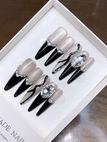 Pure Handmade Wearable Nails With Thin High Heels, Hand-Painted French Nails With Inlaid Diamonds For Autumn And Winter, Y2K, Minimalist Nails, Full Coverage Fake Nails, Y2K Nails, Embossed Nails, Unique And Niche Creative Fake Nails, Daily Nails, Daily Use.