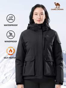 CAMEL CROWN 女士防水滑雪服，保暖冬季雪地外套，带帽户外滑雪服 - 黑色 - 查看 1