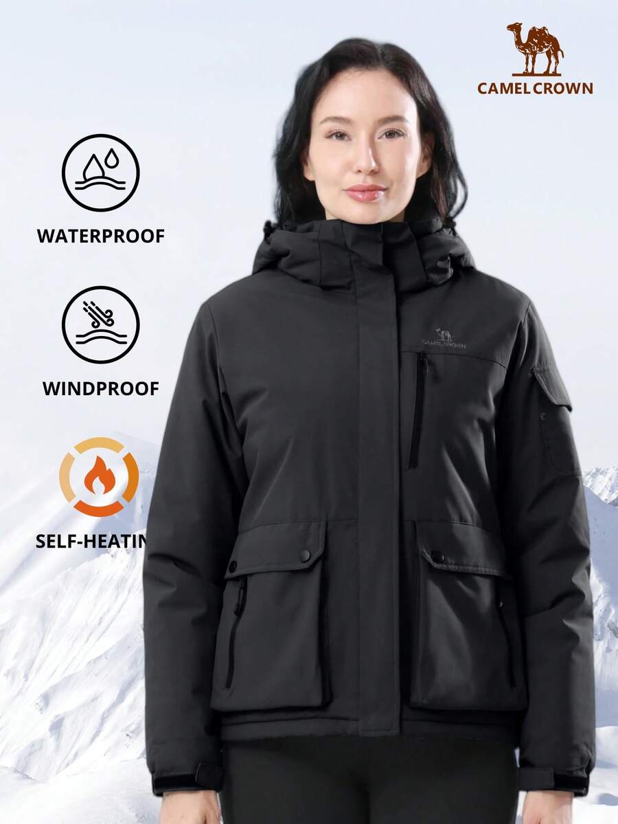 CAMEL CROWN 女士防水滑雪服，保暖冬季雪地外套，带帽户外滑雪服 - 黑色 - 查看 1