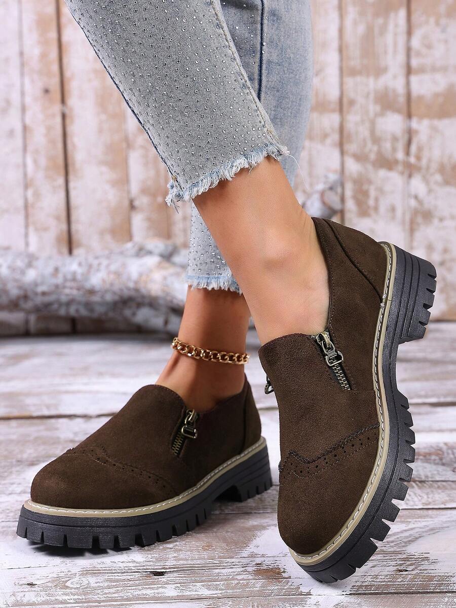 1 Pair Women's Solid Color Fashion PU Leather Platform Wedge Shoes, Suitable For Outdoor Wear All Seasons - Coffee - View 1