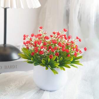 1 pieza Planta potada realista y encantadora de Gypsophila | Mini maceta artificial de ciprés y flor estrella, adecuada para decoración del hogar, bodas, cumpleaños y celebraciones de temporada, de plástico, para colocar en la mesa