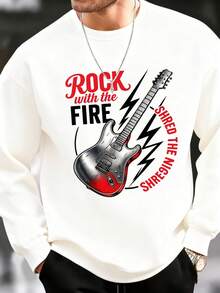 Men'S Stylish Crew Neck Sweatshirt| 2D Print Electric Guitar And Unique Letter Pattern, Fashionable And Versatile, Perfect For Christmas 2026 New Year's, Long Sleeve, Regular Fit, Heat Transfer Printing - 黑色 - 查看 8