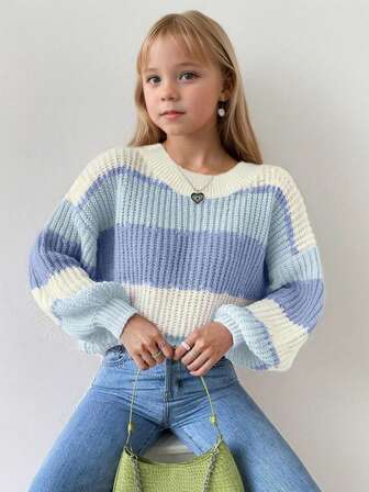 1pc Girls' Casual Thick Pullover Sweater For Autumn/Winter, Soft & Comfortable Blue Stripe Young Student Apparel