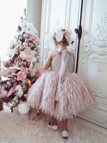 Young Girl Pink Bow Headband Sleeveless Elegant Christmas Party Princess Dress, Girls Formal Occasion Dress Suitable For Birthday Party, Prom, Wedding, Thanksgiving, Graduation - Pink - View 8