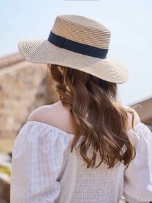 1 buc. Pălărie de paie pentru femei, pălărie de soare cu bor plat, protecție UV la modă și elegantă, pălărie de vară pliabilă - Kaki - Vizualizare 5