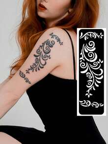 Hana Hand Drawn Tattoo Hollow Template Minimalism Hana Bride Elegant Lace Mandala Flower Pattern Sticker Suitable For Hands, Feet, Shoulders, Neck, Collarbone Semi Permanent Fake Tattoo Sticker 1 Pack - Black - View 15