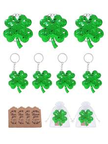 Double-Deck Four Leaf Clover Lucky Clover Sequin Keychain Set, With Keychains, Hank You Tags And Gift Bags, For St Patricks Party Favor, Birthday, Babies Shower, Wedding, Clovers Party Favors
