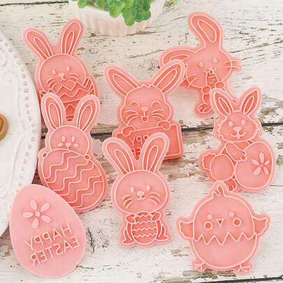 Bộ 8 khuôn cắt bánh hình thỏ, dụng cụ làm bánh Phục Sinh kèm khuôn dập và khuôn cắt, dụng cụ làm bánh quy tại nhà, bánh quy thủ công, khuôn trang trí bánh fondant.