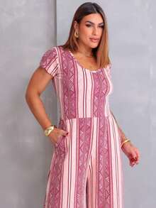 Women's Loose-Fitting Pantacourt Jumpsuit With Print For Summer - 藕粉色 - 查看 5