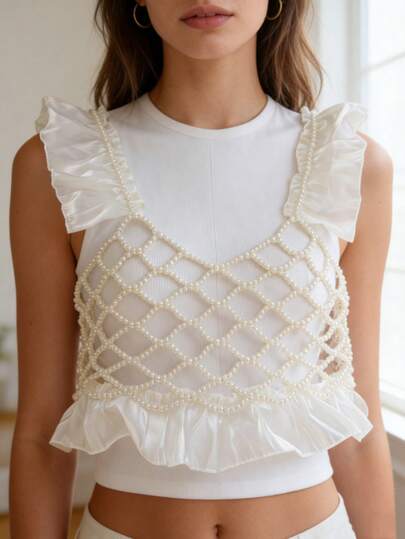 DEKUNER Camiseta de tirantes con perlas, estilo femenino y adorable - Desprende un encanto romántico, adornada con detalles de volantes, la pieza perfecta para realzar tanto los looks románticos como los informales.