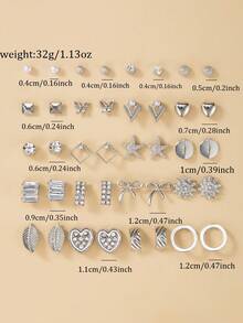 20对镶满水钻的心形蝴蝶结耳钉套装 - 銀色 - 查看 6