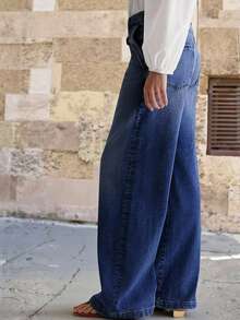 Jeans elásticos casuales versátiles lavados para mujer de talla grande, versátiles para todas las estaciones primavera otoño - Azul lavado oscuro - Ver 6
