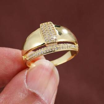 1枚简约几何方形宽边设计立方氧化锆镶嵌女士时尚戒指，休闲礼物