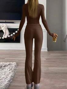 Women's Round Neck Long Sleeve T-Shirt And Pants Casual Matching Set, Versatile For Spring - Mocha Brown - View 6