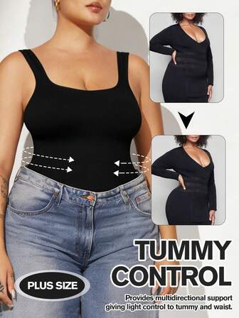 1個 プラスサイズ レディース シームレス スリミング タンクトップ、ブラック、シェイプウェア キャミソール、夏のお出かけ用トップス