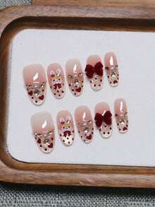 10 móng tay giả thủ công hình oval, móng acrylic dán, cỡ trung bình, móng hồng nhẹ nhàng, móng vàng lấp lánh kiểu mắt mèo, móng vẽ tay hình trái tim chấm bi đỏ, hình dán móng thỏ, móng đính đá kim cương đỏ hình nơ, quà tặng năm mới - Đỏ - Xem 4